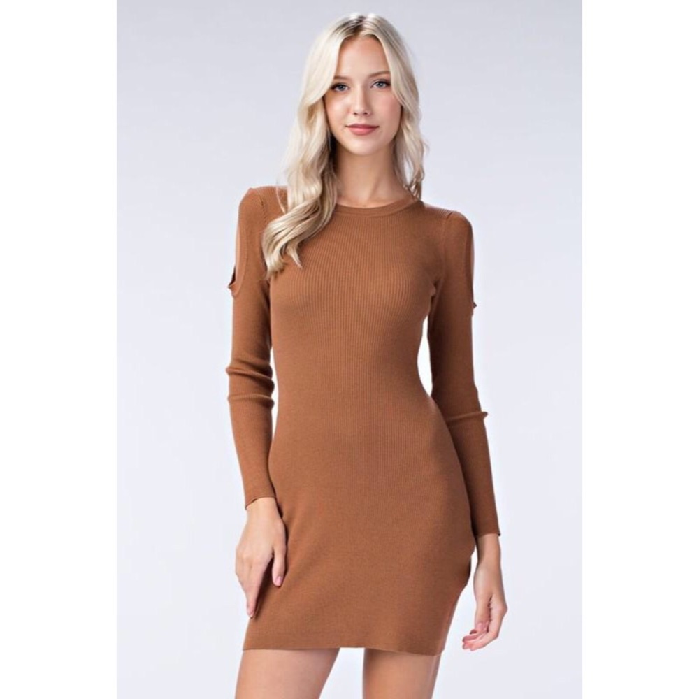 Brown Ribbed Long Sleeve Dress